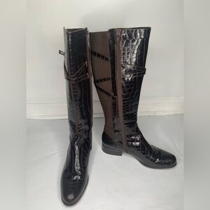 CHICOS Knee-High Croc-Embossed Leather Riding Boots in Dark Brown